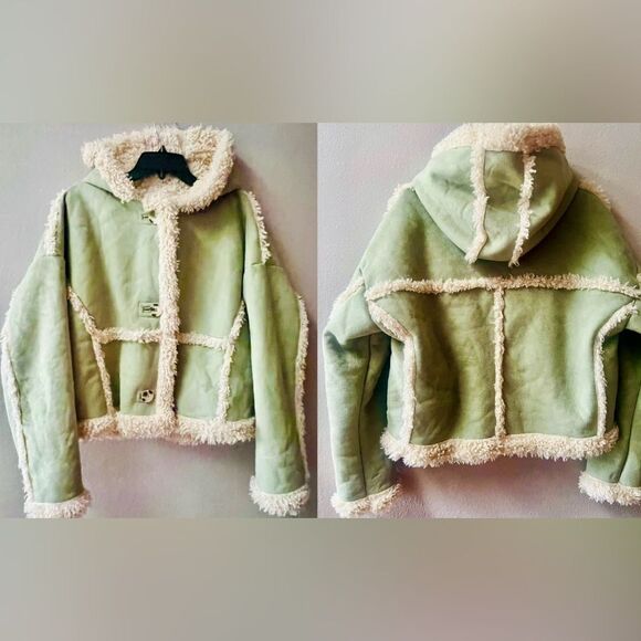 URBAN OUTFITTERS FAUX SHERLING GREEN CROPPED JACKET WOMENS SIZE L - Picture 2 of 10